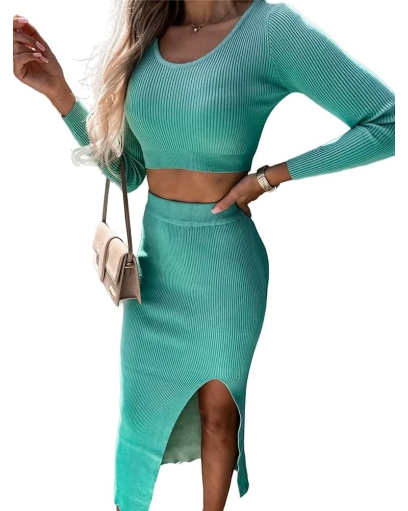 Women's 2 Piece Outfits Fall Long Sleeve Crop Top Bodycon Slit Midi Skirt Sets Ribbed Knit Sweater Dress Lake Blue $16.80 Suits