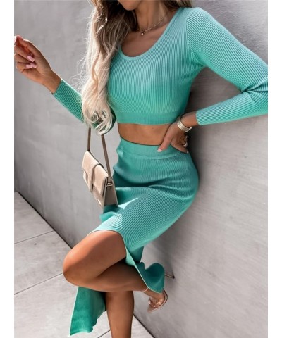 Women's 2 Piece Outfits Fall Long Sleeve Crop Top Bodycon Slit Midi Skirt Sets Ribbed Knit Sweater Dress Lake Blue $16.80 Suits