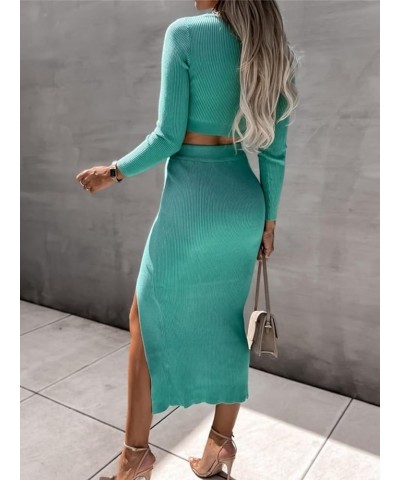 Women's 2 Piece Outfits Fall Long Sleeve Crop Top Bodycon Slit Midi Skirt Sets Ribbed Knit Sweater Dress Lake Blue $16.80 Suits