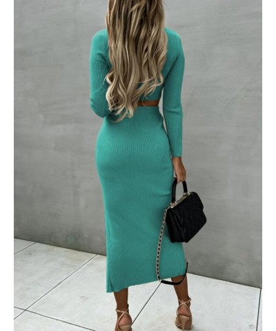 Women's 2 Piece Outfits Fall Long Sleeve Crop Top Bodycon Slit Midi Skirt Sets Ribbed Knit Sweater Dress Lake Blue $16.80 Suits