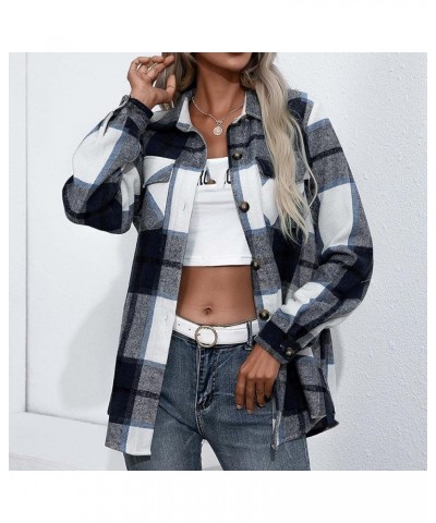 Women Plaid Shacket Jacket Casual Long Sleeve Button Down Shirt Chest Pocketed Shirts Light Weight Loose Jacket 2023 A11navy ...