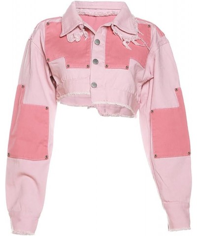 Womens Lapel Denim Cropped Jacket, Long Sleeve Button Down Patchwork Jacket Jacket $18.06 Jackets