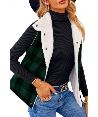 Women Buffalo Plaid Jacket Vest Button Up Fuzzy Sherpa Fleece Jacket Vest Christmas Gift Green $11.25 Vests