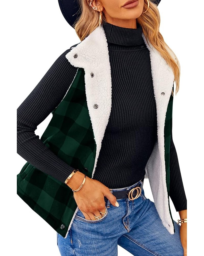 Women Buffalo Plaid Jacket Vest Button Up Fuzzy Sherpa Fleece Jacket Vest Christmas Gift Green $11.25 Vests