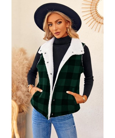 Women Buffalo Plaid Jacket Vest Button Up Fuzzy Sherpa Fleece Jacket Vest Christmas Gift Green $11.25 Vests