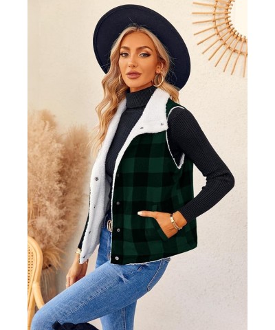 Women Buffalo Plaid Jacket Vest Button Up Fuzzy Sherpa Fleece Jacket Vest Christmas Gift Green $11.25 Vests