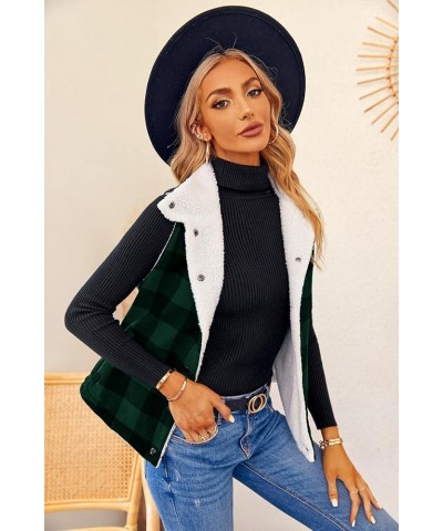 Women Buffalo Plaid Jacket Vest Button Up Fuzzy Sherpa Fleece Jacket Vest Christmas Gift Green $11.25 Vests