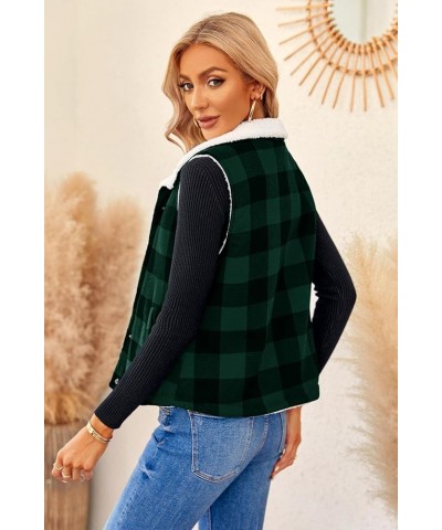 Women Buffalo Plaid Jacket Vest Button Up Fuzzy Sherpa Fleece Jacket Vest Christmas Gift Green $11.25 Vests