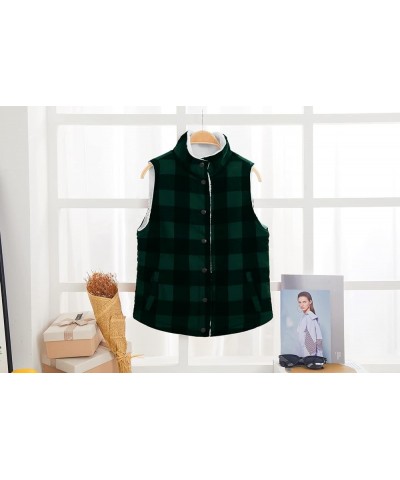 Women Buffalo Plaid Jacket Vest Button Up Fuzzy Sherpa Fleece Jacket Vest Christmas Gift Green $11.25 Vests