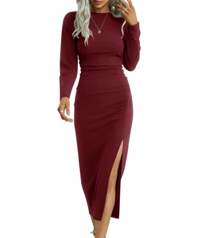 Women's Long Sleeve Dresses: Casual Bodycon Dress Crew Neck Ruched Midi Dress with Slit S-XL 160-winered $28.90 Dresses