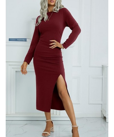 Women's Long Sleeve Dresses: Casual Bodycon Dress Crew Neck Ruched Midi Dress with Slit S-XL 160-winered $28.90 Dresses