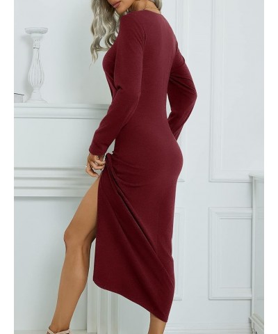 Women's Long Sleeve Dresses: Casual Bodycon Dress Crew Neck Ruched Midi Dress with Slit S-XL 160-winered $28.90 Dresses