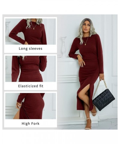 Women's Long Sleeve Dresses: Casual Bodycon Dress Crew Neck Ruched Midi Dress with Slit S-XL 160-winered $28.90 Dresses