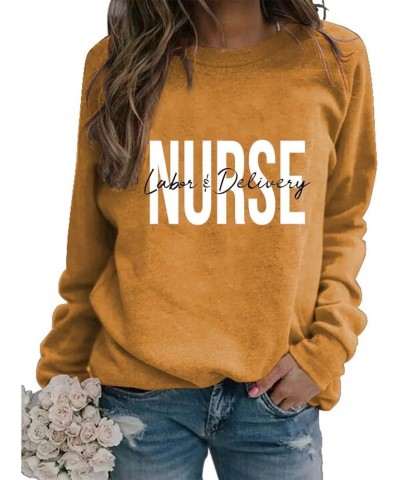 Womens Labor And Delivery Nurse Sweatshirt Retro Letter Print Long Sleeve Crewneck Pullover Lightweight Tops Yellow $11.61 Ho...