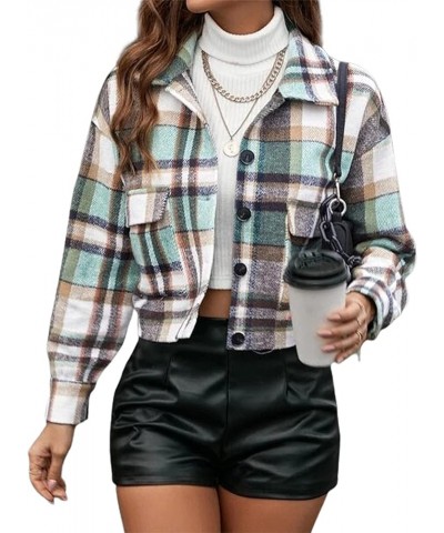 Women's Fashion Cropped Flannel Wool Blend Plaid Shacket Long Sleeve Button Down Jackets Coat 2 Green $14.83 Jackets