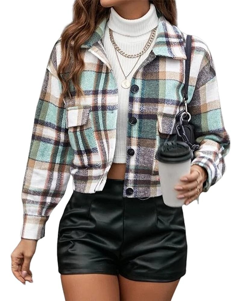 Women's Fashion Cropped Flannel Wool Blend Plaid Shacket Long Sleeve Button Down Jackets Coat 2 Green $14.83 Jackets