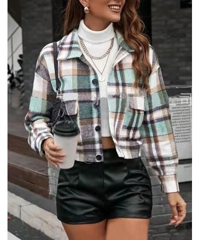 Women's Fashion Cropped Flannel Wool Blend Plaid Shacket Long Sleeve Button Down Jackets Coat 2 Green $14.83 Jackets