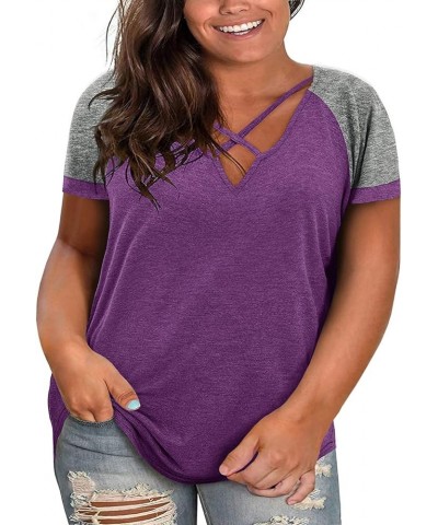 Plus Size Tops for Women Summer Short Sleeve Sexy V Neck Criss Cross T-Shirts Tunic Casual Loose Soft Tee Shirt Z01-purple $1...