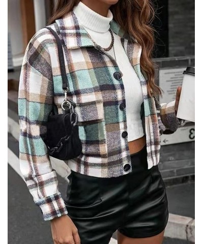 Women's Fashion Cropped Flannel Wool Blend Plaid Shacket Long Sleeve Button Down Jackets Coat 2 Green $14.83 Jackets