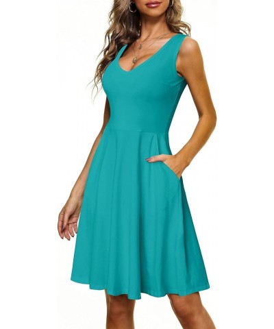 Womens Sleeveless V Neck Dress with Pocket Summer Beach Midi Flared Tank Dress Turquoise $18.92 Dresses