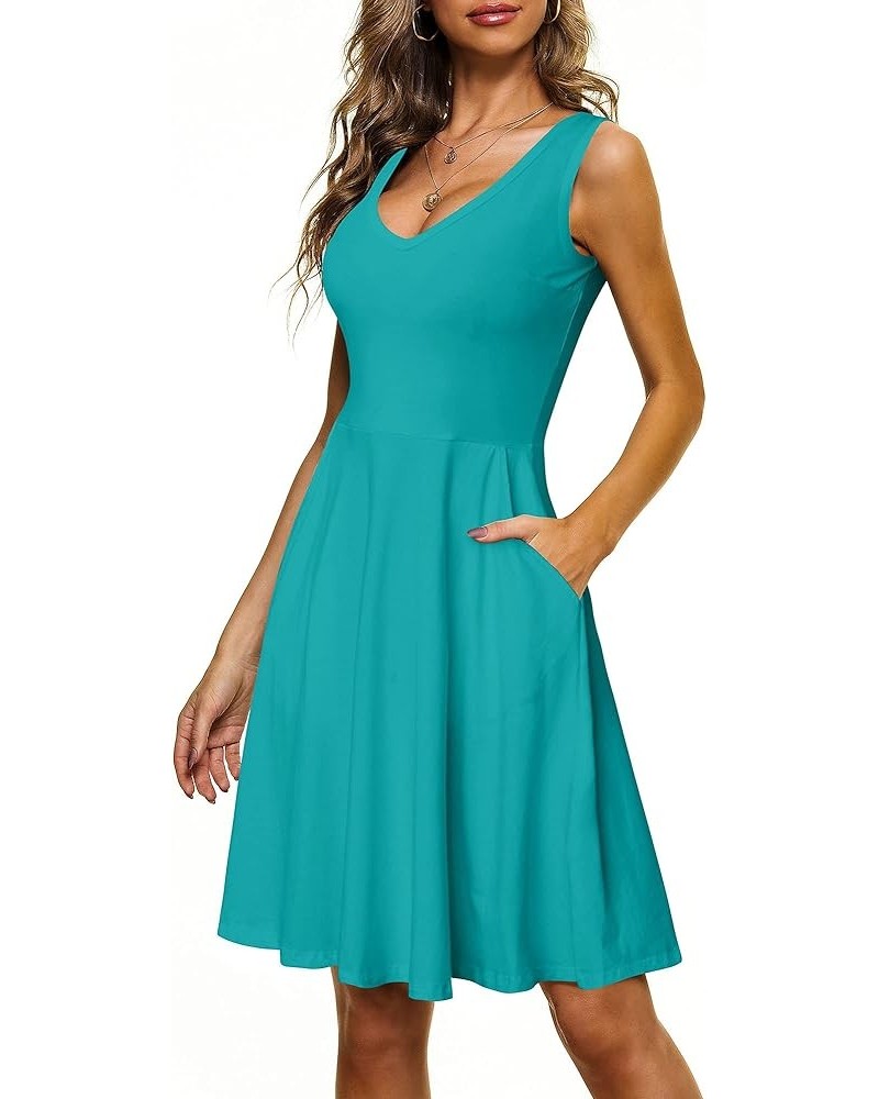 Womens Sleeveless V Neck Dress with Pocket Summer Beach Midi Flared Tank Dress Turquoise $18.92 Dresses