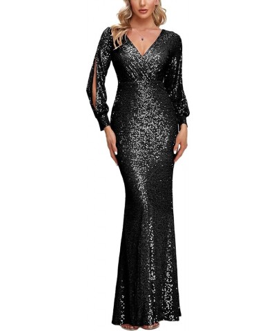 Women's Sexy V-Neck Split Long Sleeve Shinning Sequins Evening Mermaid Bridesmaid Cocktail Dress Black $42.32 Dresses