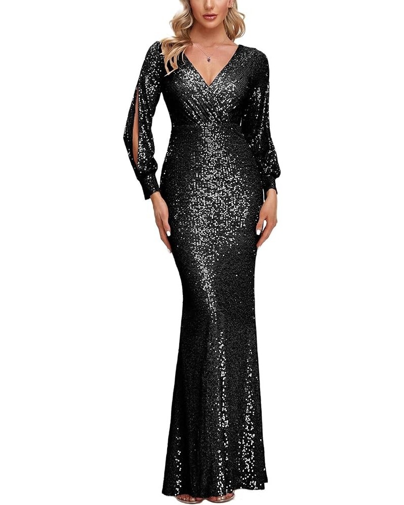 Women's Sexy V-Neck Split Long Sleeve Shinning Sequins Evening Mermaid Bridesmaid Cocktail Dress Black $42.32 Dresses