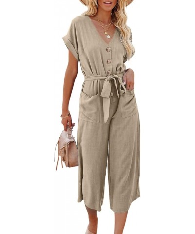 Womens V Neck Button Down Belted Jumpsuits Wide Leg Long Pants Rompers with Pockets S-2XL A Khaki $14.00 Jumpsuits