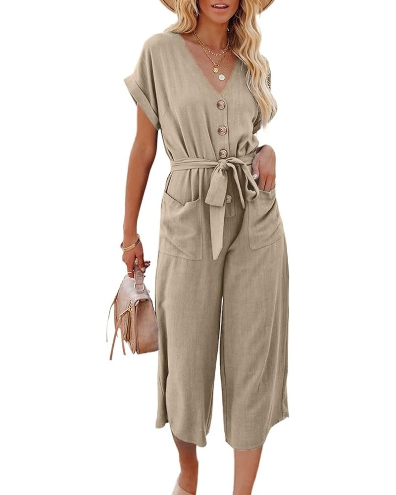 Womens V Neck Button Down Belted Jumpsuits Wide Leg Long Pants Rompers with Pockets S-2XL A Khaki $14.00 Jumpsuits