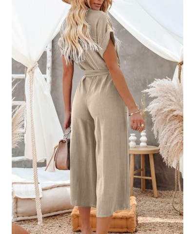 Womens V Neck Button Down Belted Jumpsuits Wide Leg Long Pants Rompers with Pockets S-2XL A Khaki $14.00 Jumpsuits