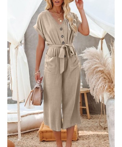 Womens V Neck Button Down Belted Jumpsuits Wide Leg Long Pants Rompers with Pockets S-2XL A Khaki $14.00 Jumpsuits