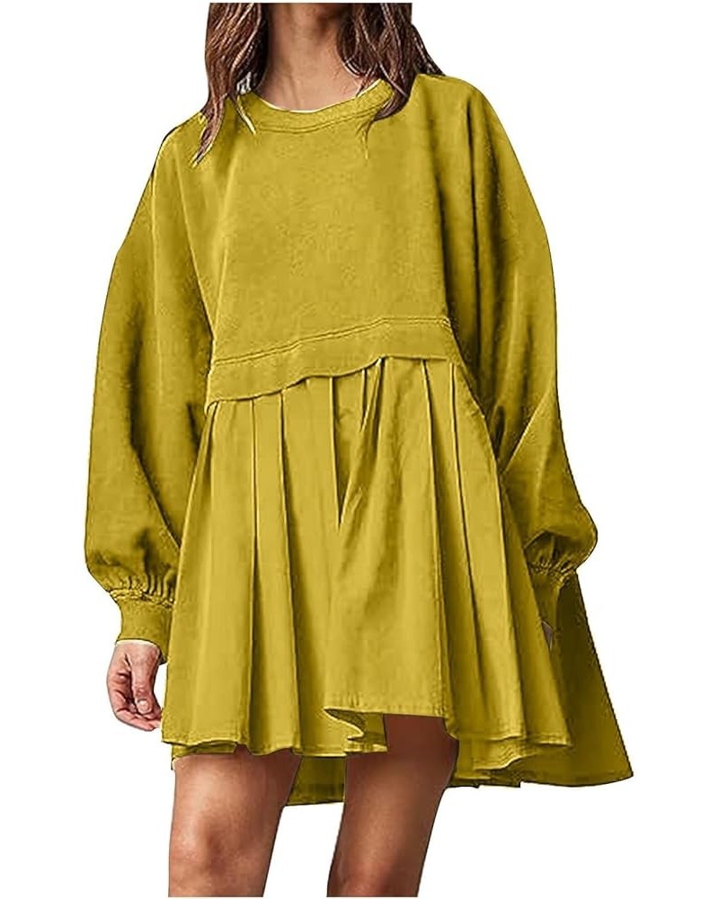 Oversized Sweatshirt Dress for Women Long Sleeve Patchwork Crewneck Pullover Loose Flowy Pleated Tops Mini Dress 05 Yellow $9...