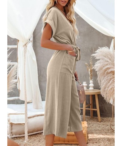 Womens V Neck Button Down Belted Jumpsuits Wide Leg Long Pants Rompers with Pockets S-2XL A Khaki $14.00 Jumpsuits