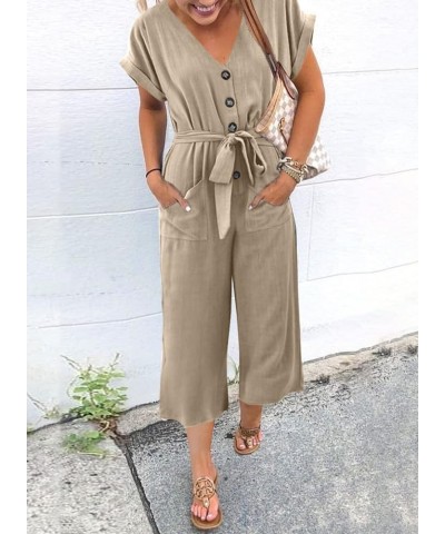 Womens V Neck Button Down Belted Jumpsuits Wide Leg Long Pants Rompers with Pockets S-2XL A Khaki $14.00 Jumpsuits