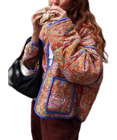 Women's Cropped Floral Puffer Jacket Lightweight Open Front Cardigan Short Padded Quilted Coat Khaki $13.20 Jackets