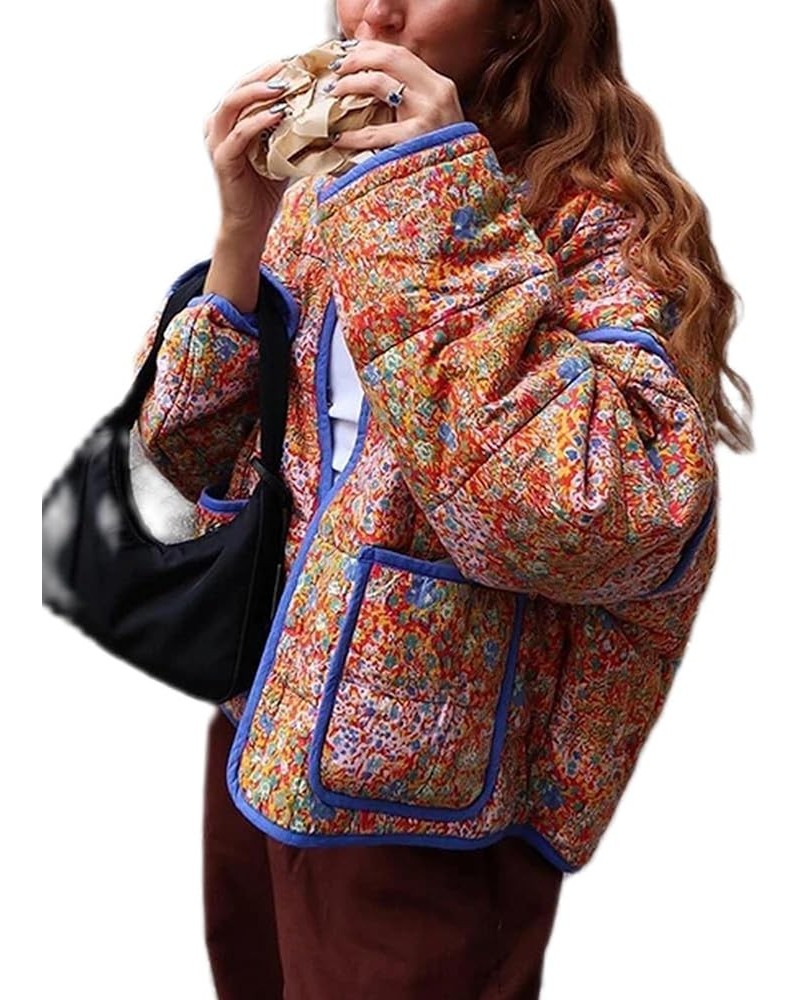 Women's Cropped Floral Puffer Jacket Lightweight Open Front Cardigan Short Padded Quilted Coat Khaki $13.20 Jackets