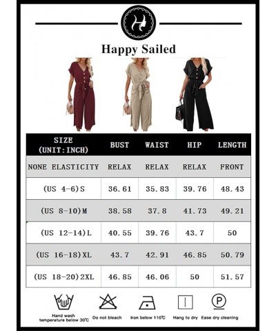 Womens V Neck Button Down Belted Jumpsuits Wide Leg Long Pants Rompers with Pockets S-2XL A Khaki $14.00 Jumpsuits