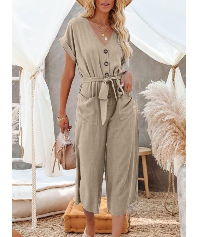 Womens V Neck Button Down Belted Jumpsuits Wide Leg Long Pants Rompers with Pockets S-2XL A Khaki $14.00 Jumpsuits