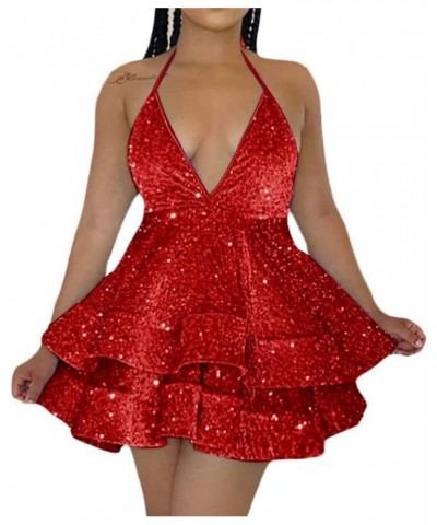 Spaghetti Strap Sequin Tiered Homecoming Dress V Neck Short Prom Dress Sleeveless Sparkle Puffy Mini Ball Gown ZD08 Red $29.1...