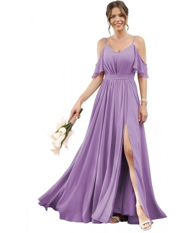 Women's Cold Shoulder Bridesmaid Dresses 2023 for Wedding Long V-Neck Formal Evening Party Dress with Slit VT018 Dusty Purple...