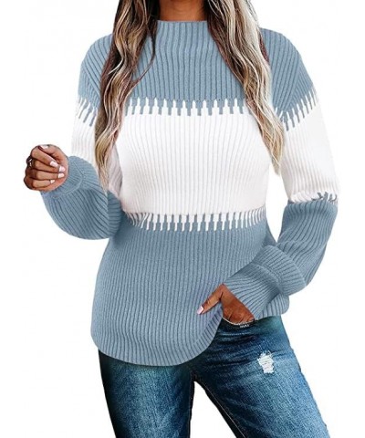 Womens Fall Sweater Casual Long Sleeve Turtleneck Colorblock Striped Chunky Pullover Loose Knit Jumper Sky Blue $10.79 Sweaters