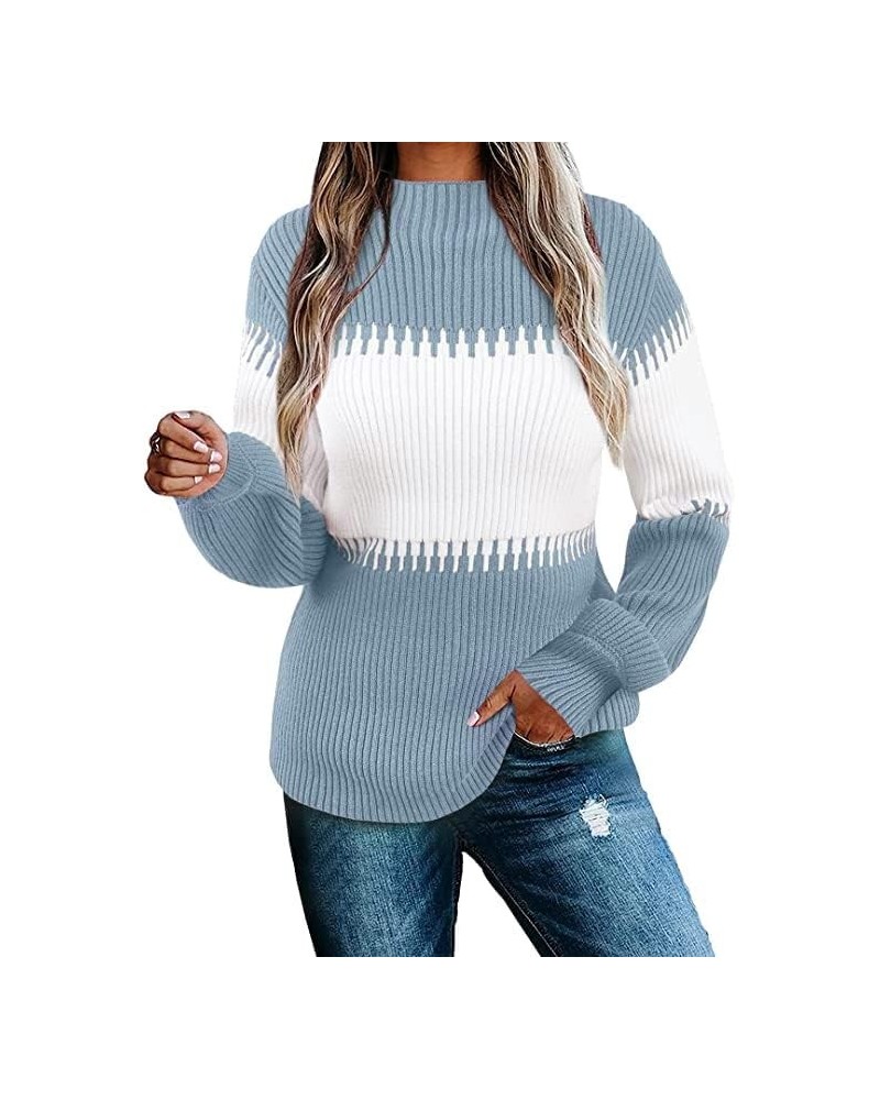 Womens Fall Sweater Casual Long Sleeve Turtleneck Colorblock Striped Chunky Pullover Loose Knit Jumper Sky Blue $10.79 Sweaters