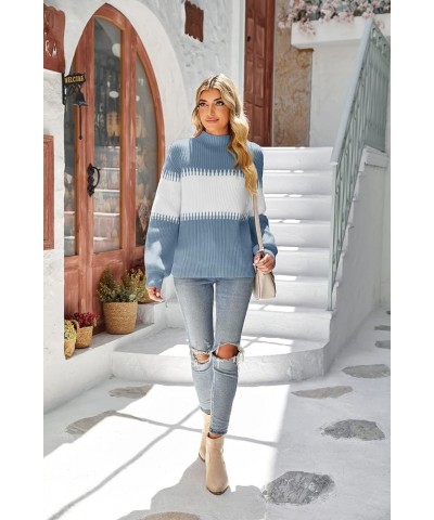 Womens Fall Sweater Casual Long Sleeve Turtleneck Colorblock Striped Chunky Pullover Loose Knit Jumper Sky Blue $10.79 Sweaters