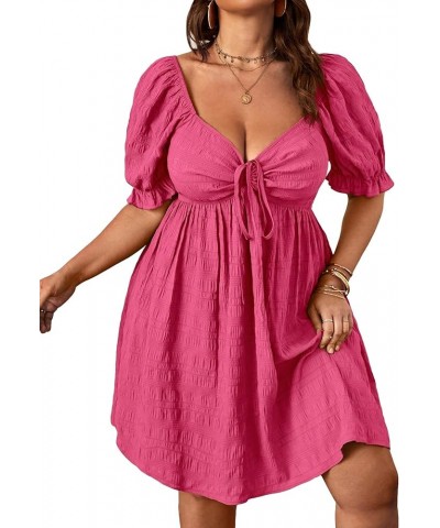 Womens Plus Size Summer Dresses Sweetheart Neck Puff Short Sleeve Tie Swing A Line Midi Dress Plain Pink $27.03 Dresses