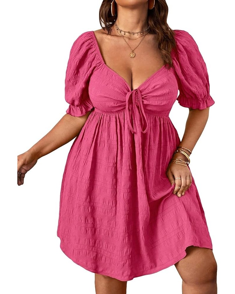 Womens Plus Size Summer Dresses Sweetheart Neck Puff Short Sleeve Tie Swing A Line Midi Dress Plain Pink $27.03 Dresses