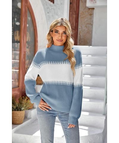 Womens Fall Sweater Casual Long Sleeve Turtleneck Colorblock Striped Chunky Pullover Loose Knit Jumper Sky Blue $10.79 Sweaters