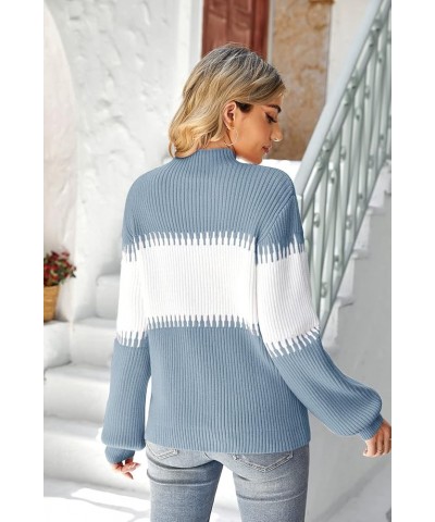 Womens Fall Sweater Casual Long Sleeve Turtleneck Colorblock Striped Chunky Pullover Loose Knit Jumper Sky Blue $10.79 Sweaters