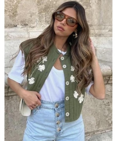 Women's Vintage Floral Embroidery Vest Casual Open Front Sleeveless Cardigan Waistcoat (Green-M) $17.69 Vests