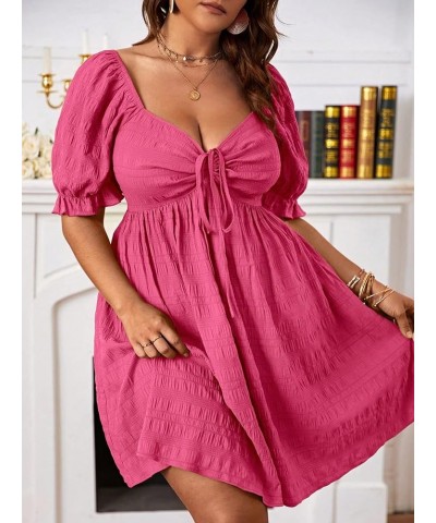 Womens Plus Size Summer Dresses Sweetheart Neck Puff Short Sleeve Tie Swing A Line Midi Dress Plain Pink $27.03 Dresses