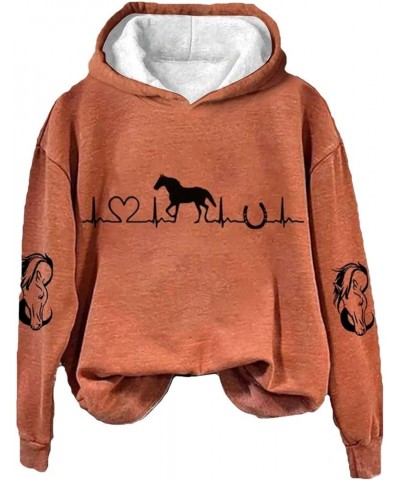 Sweaters for Women 2023 Horse Lover Casual Hoodie Casual Long Sleeve Sweatshirt Soft Printed Lightweight Clothes Orange $10.1...